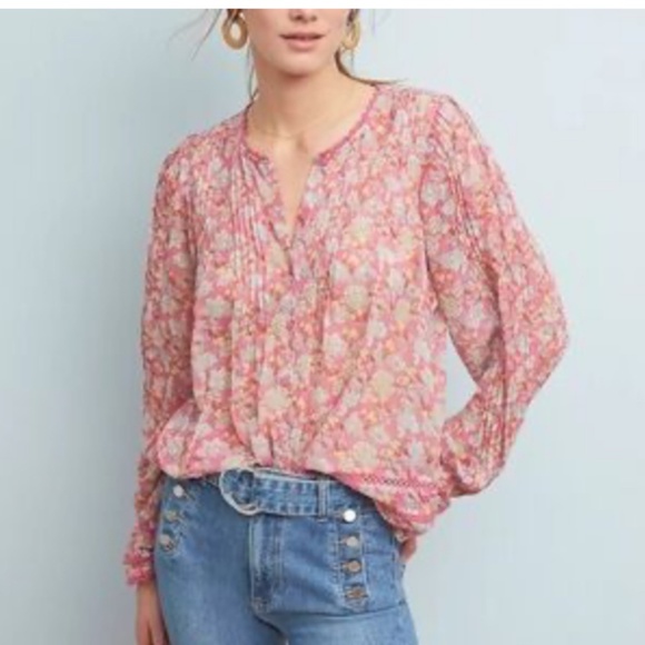 Anthropologie RannaGill Pink Floral Boho Pintuck Crochet Lace Chiffon Top S - Picture 2 of 13